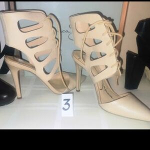 EUC Jessica Simpson Nude Lace-Up Cutout High Heel Stilettos Zip Back Booties